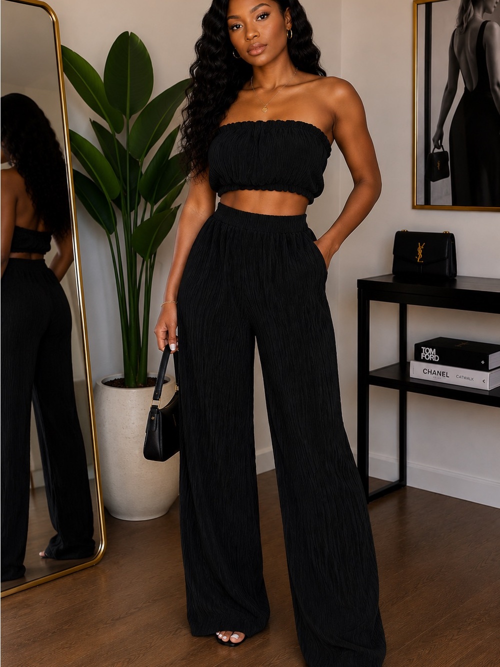 Women's Black Wide-Leg High-Waist Pants - Strapless Two-Piece Set